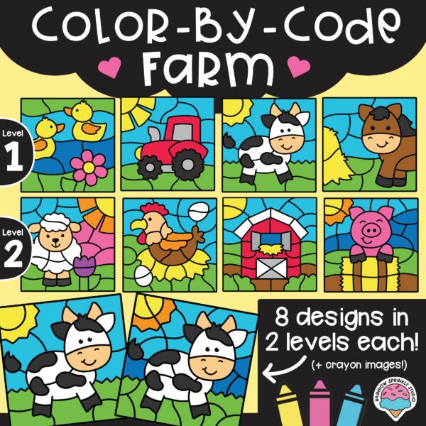 Color by Code Farm Clipart Set - Rainbow Sprinkle Studio