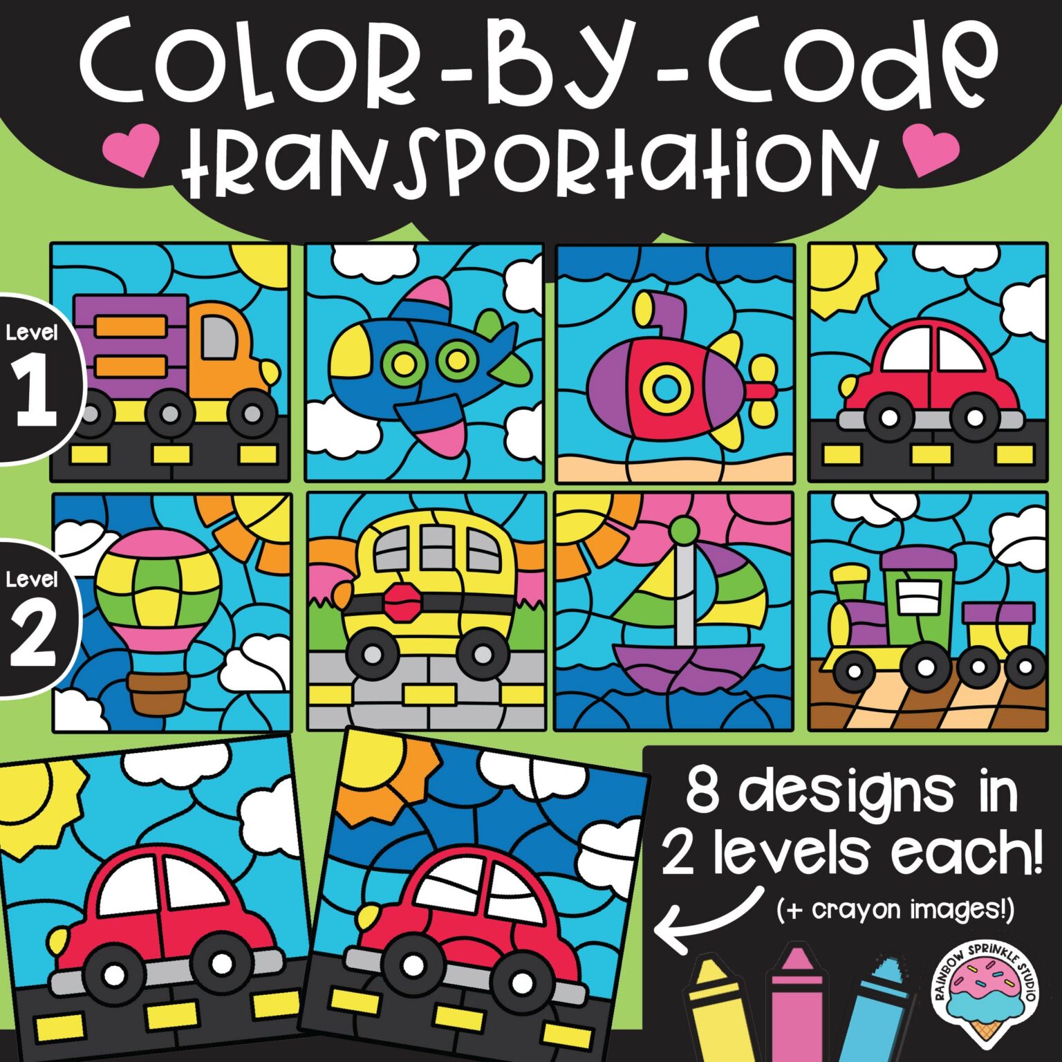 Color by Code Transportation Clipart Set - Rainbow Sprinkle Studio