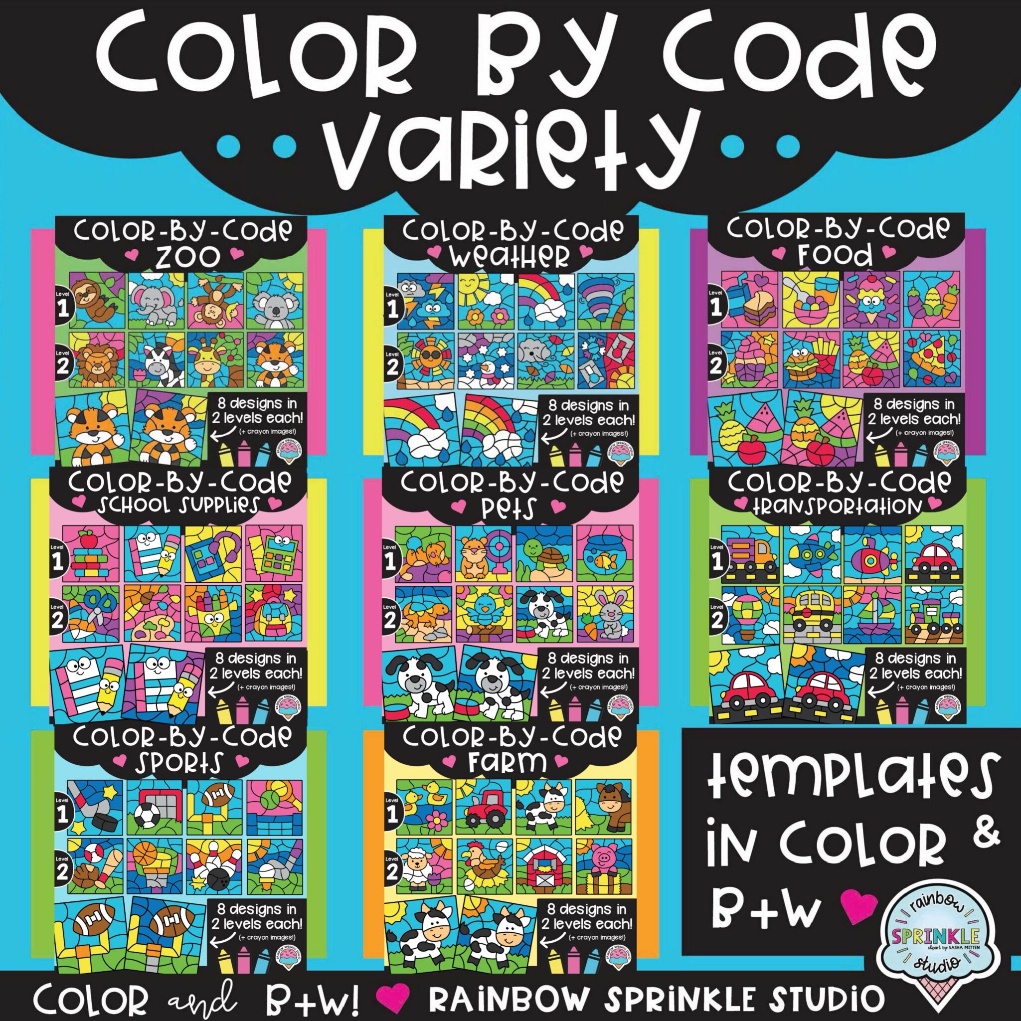 Color By Code Clipart Variety Super Bundle - Rainbow Sprinkle Studio