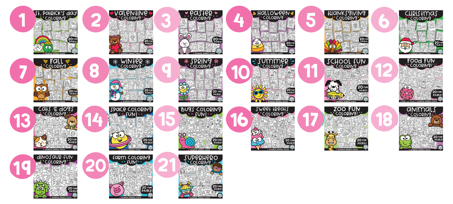 21 coloring page sets included in the Rainbow Sprinkle Studio 400+ Coloring Pages bundle